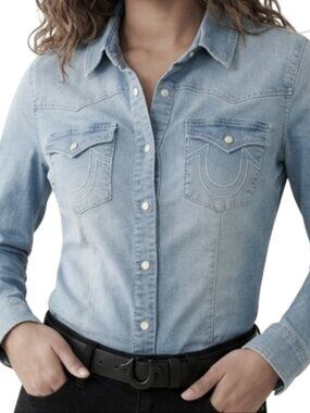 True Religion Womens Light Blue Western Pearl Snap Denim Shirt Size 2X New w/Tag